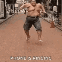 fat guy coming run jiggle phone ring