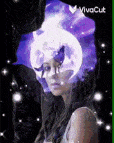 a woman is standing in front of a full moon with a wolf on it 's head