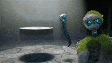 a robot with green eyes is standing on a rock