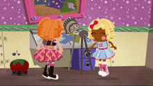 a cartoon of two dolls standing next to each other in a room