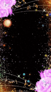 a woman in a black tank top is surrounded by purple flowers and music notes