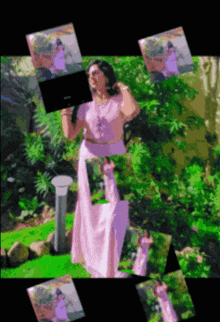 a woman in a pink dress is holding a laptop computer