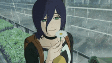 a girl with purple hair and green eyes holds a flower in her hand