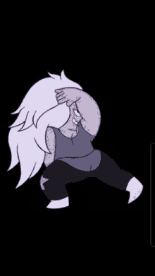 a cartoon character with purple hair is standing on a black background and making a funny face .