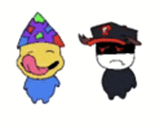 a cartoon of a clown wearing a party hat and a cartoon of a man wearing a mask
