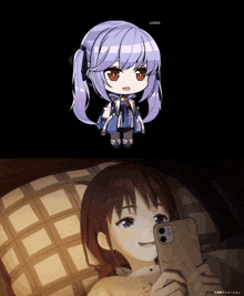 a girl laying in bed looking at a cell phone with a luma logo on the bottom