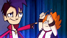 a cartoon character with a lightning bolt on his jacket points at another character