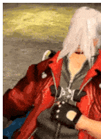 a man with white hair and a red jacket