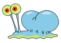 a cartoon drawing of a snail with big eyes and a big butt .