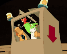a cartoon of a cat and a rabbit in a cardboard box with an arrow pointing down