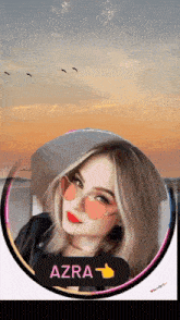 a woman wearing sunglasses and red lipstick is surrounded by a circle with the name azra on it
