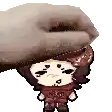 a pixel art of a hand holding a small cartoon character .