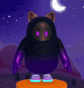 a cartoon character in a black and purple hoodie is standing on a podium with a crescent moon in the background