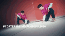 a man in a pink shirt is kneeling down in front of a mirror with #coptersbfivexfantopia2020 written below him
