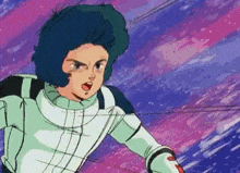 a cartoon character with blue hair is flying through the air in a space suit .