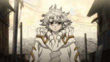 a cartoon character with white hair and a white robe
