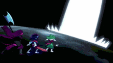 a group of cartoon characters are standing in front of a white light