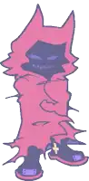 a cartoon drawing of a purple cat with a cross on his shoe