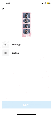 a screenshot of a photo booth app that says add tags in english