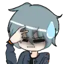 a cartoon of a boy covering his face with his hand and sweat coming out of his forehead .
