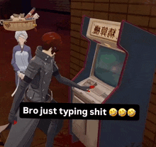 a man is typing on an arcade machine with the words bro just typing shit below him