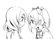 a black and white drawing of two anime girls kissing each other .