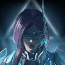 a woman with long purple hair is wearing a futuristic helmet and mask .