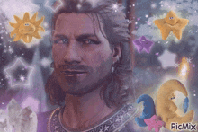 a man with a beard is surrounded by stuffed animals and a picmix watermark