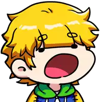 a cartoon drawing of a person with yellow hair and a green jacket