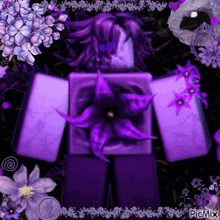 a roblox character with purple hair and a purple flower in his chest