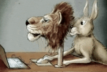 a cartoon of a lion and a rabbit using a laptop computer