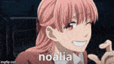 a girl with pink hair is smiling with the name noalia written on her face