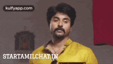 a man in a yellow shirt is smiling with starttamilchat.in in the corner