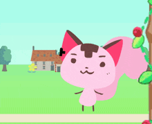 a cartoon of a pink cat with a house in the background