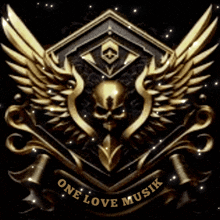 a emblem with a skull and wings says one love musik