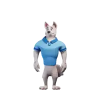 a cartoon fox wearing a blue shirt with the letter o on it