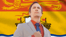 a man in a suit and tie is standing in front of a flag
