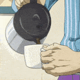 a person is pouring coffee from a coffee pot into a cup