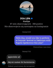 a screenshot of a text message between dua lipa and a person