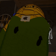 a cartoon character with an apple sticker on his shirt