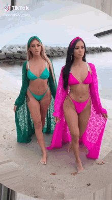 two women in bikinis are standing next to each other on a beach .