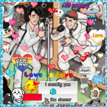 a picture of two men with hearts and the words love is love on it