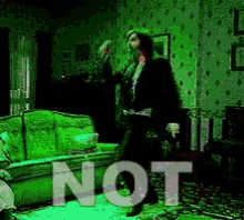 a man is smoking a cigarette in a living room with the word even above him
