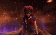 a woman with red hair and dreadlocks is standing in front of a dark background .