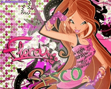 a cartoon drawing of a girl with the name flora on it