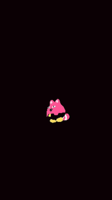 a pixel art of a pink teddy bear with a yellow tail on a black background .