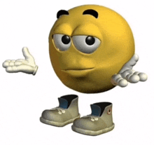a cartoon smiley face wearing a pair of shoes and gloves is giving a thumbs up .