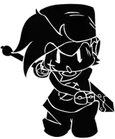 a black and white silhouette of a cartoon character with a hat on holding a gun .