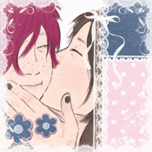 a drawing of a man kissing a woman with flowers in the background