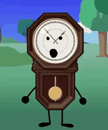 a cartoon clock with arms and legs is standing in a field